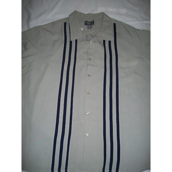 Fuse Mens Beige Button-Up Shirt Navy Stripes Short Sleeve Casual Wear Size 4XL - Picture 1 of 4